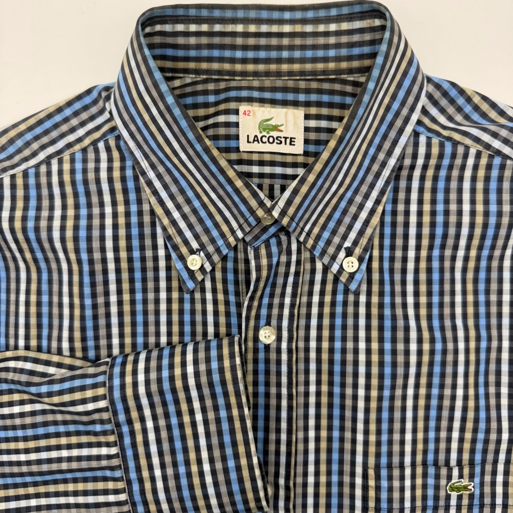 Lacoste Button Down Shirt Mens 42 Blue Plaid Long Sleeve Cotton Logo Pocket